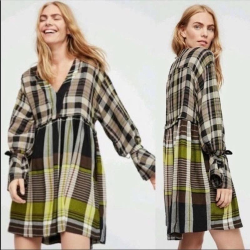 FREE PEOPLE Oversized Plaid Long Sleeve Pocket Dress XS Boho Flowy Prairie